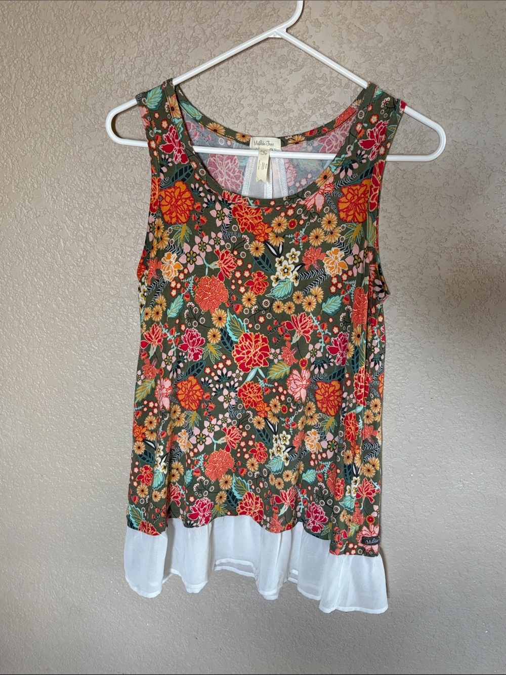 Matilda Jane Olive Floral Tank with White Ruffle Hem